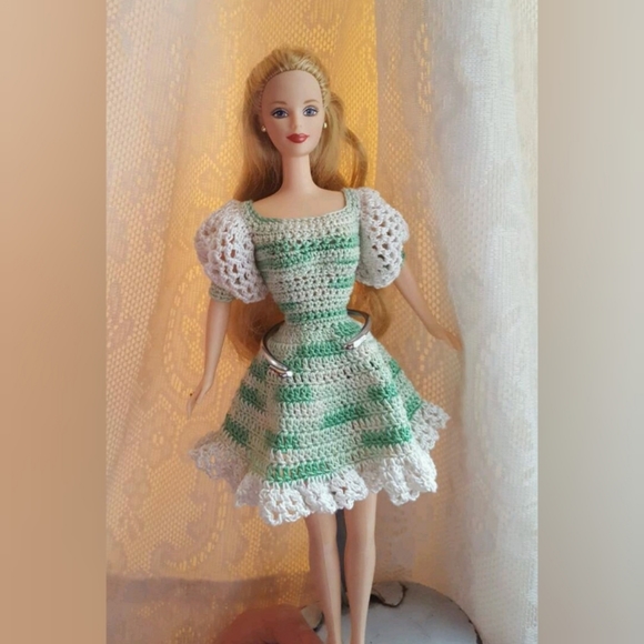 Barbie | Toys | Hand Crocheted Green And White Barbie Doll Dress | Poshmark